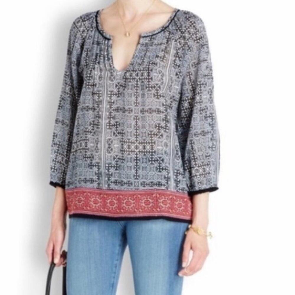 Joie Peasant Blouse Cheree Oversize Cross Stitch Bohemian Chic Size XS Retro